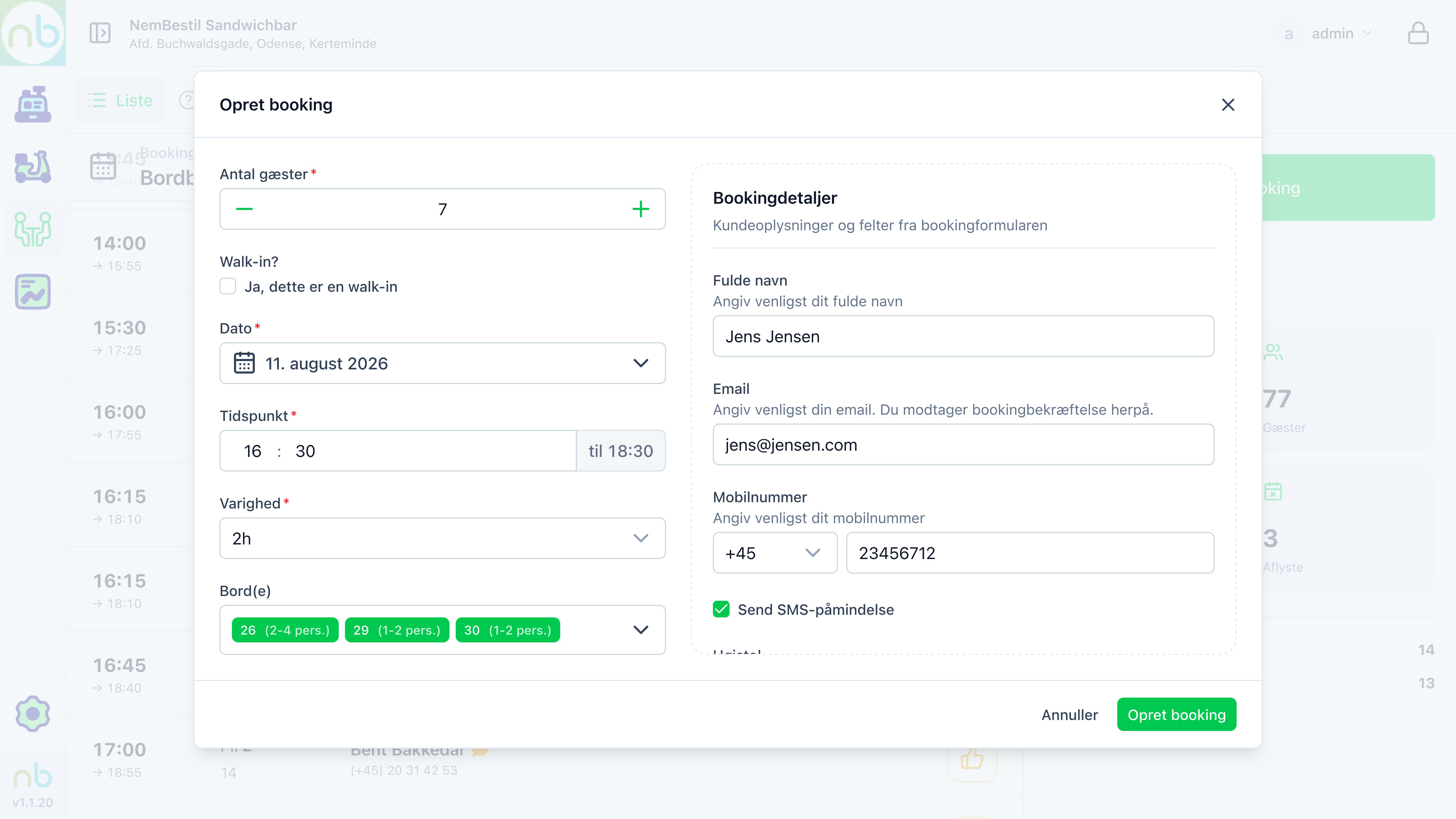 Oprettelse af bordbooking i NemBestil